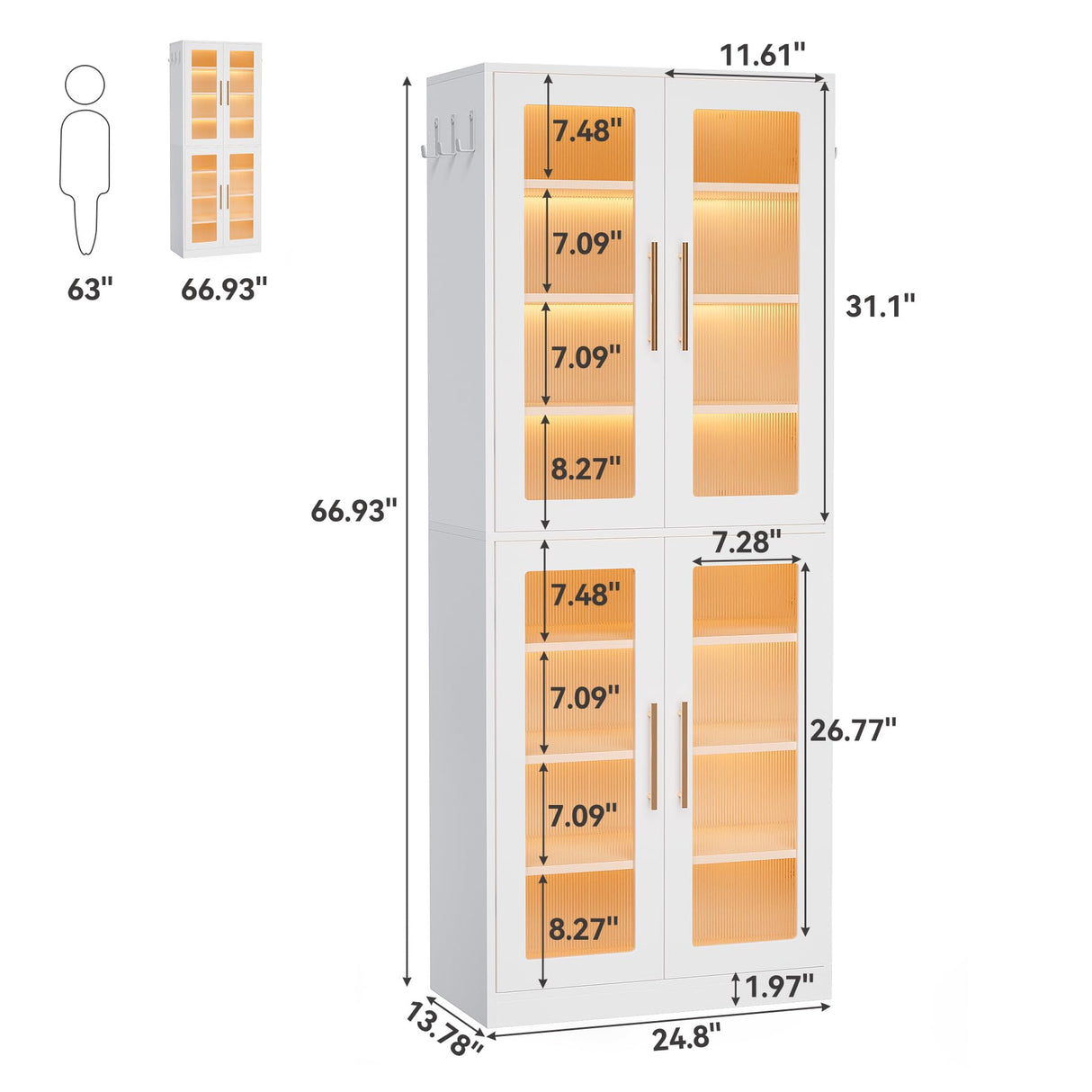 LITTLE TREE Stylish 8-Tier Vertical Shoe Rack with Built-in LED Lighting, Doors for Dust Protection, and Convenient External Hooks, Shoe Cabinet for Entryway, Living Room, Bedroom, White LITTLE TREE