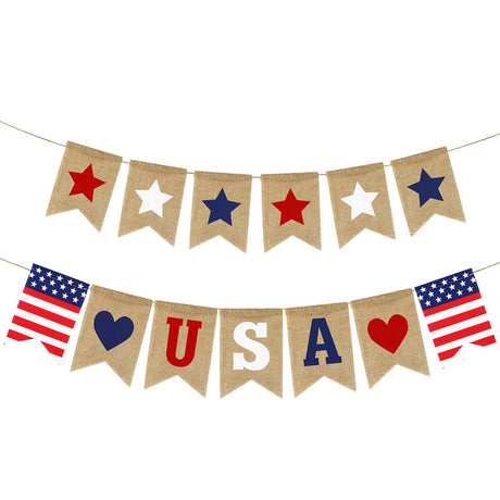 USA Banner Burlap 4th of July Decorations Rustic Patriotic Banner Red White Blue Stars Bunting Garland for President Day 4th of July Party Supplies 4th of July Patriotic Outdoor Indoor hanging Decor Partyprops