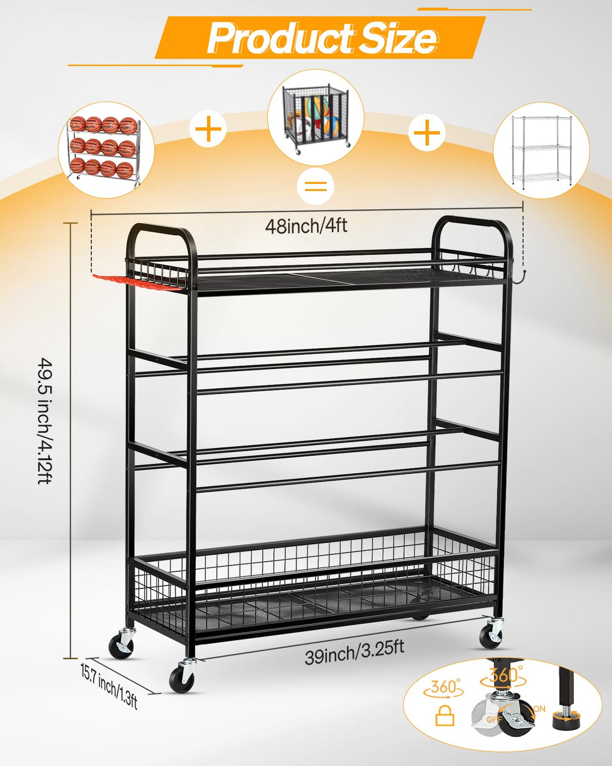 EXTCCT Garage Sports Equipment Organizer - Rolling Ball Storage Bin with Wheels, Garage Sports Gear Rack Outdoor Basketball Racks for Balls with Baseball Bat Holder and Hooks, Toy Organizer EXTCCT