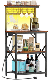 Furologee Bakers Rack with Power Outlet and LED Light, Small Microwave Stand with 4 Tier Shelves, Coffee Bar Station Table with 6 S Hooks, Kitchen Storage Rack for Spices, Pots, Rustic Brown Furologee