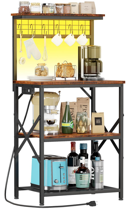 Furologee Bakers Rack with Power Outlet and LED Light, Small Microwave Stand with 4 Tier Shelves, Coffee Bar Station Table with 6 S Hooks, Kitchen Storage Rack for Spices, Pots, Rustic Brown Furologee