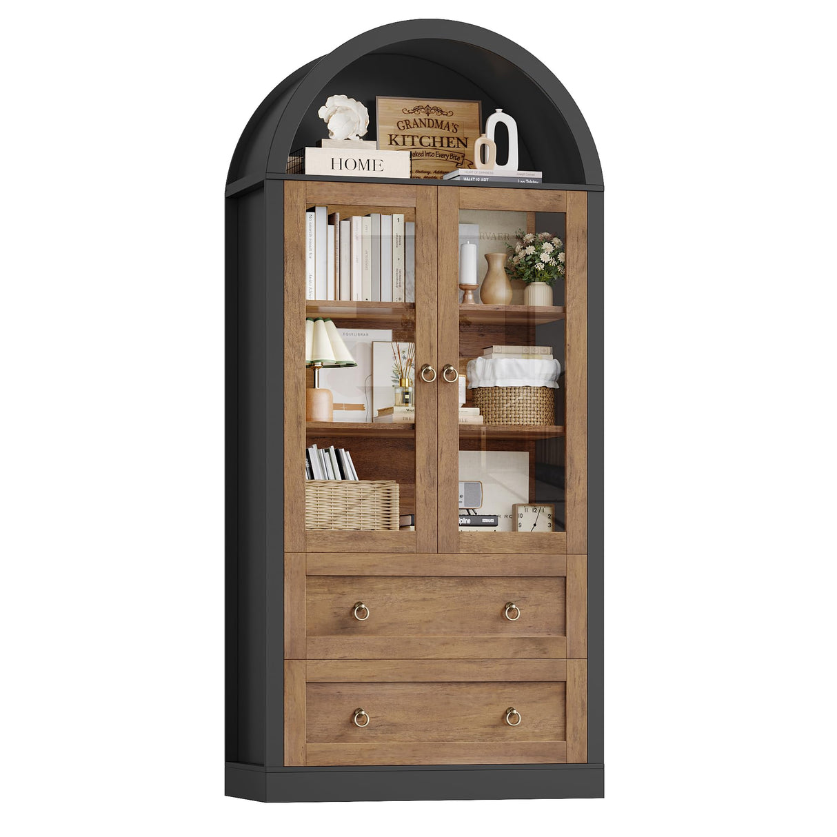 FINETONES 70" Arched Pantry Cabinet, Farmhouse Kitchen Pantry Arched Cabinet with Glass Doors and 2 Drawers, Versatile Kitchen Hutch Storage Organizer for Dining Room, Black/Brown FINETONES