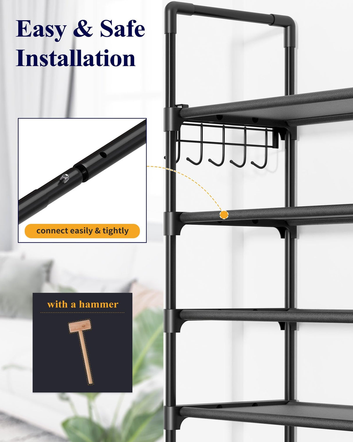 Kitsure Shoe Rack for Closet - 10-Tier Shoe Organizer with Hook Rack, Large-Capacity & Space-Saving Shoe Shelf for Entryway, Bedroom, Living Room,32.2" x 11.8" x 68.5", Black Kitsure