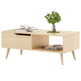 DIYART Oak Coffee Table, Mid Century Modern Coffee Table with Drawer & Shelf, 39'' Wooden Simple Console Table for Living Room DIYART