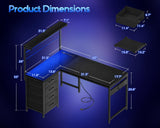 MOTPK L Shaped Gaming Desk with Shelf & 4 Drawers, 43" Reversible Computer Desk with LED Light, Home Office Table with Hutch and Hook, Black MOTPK