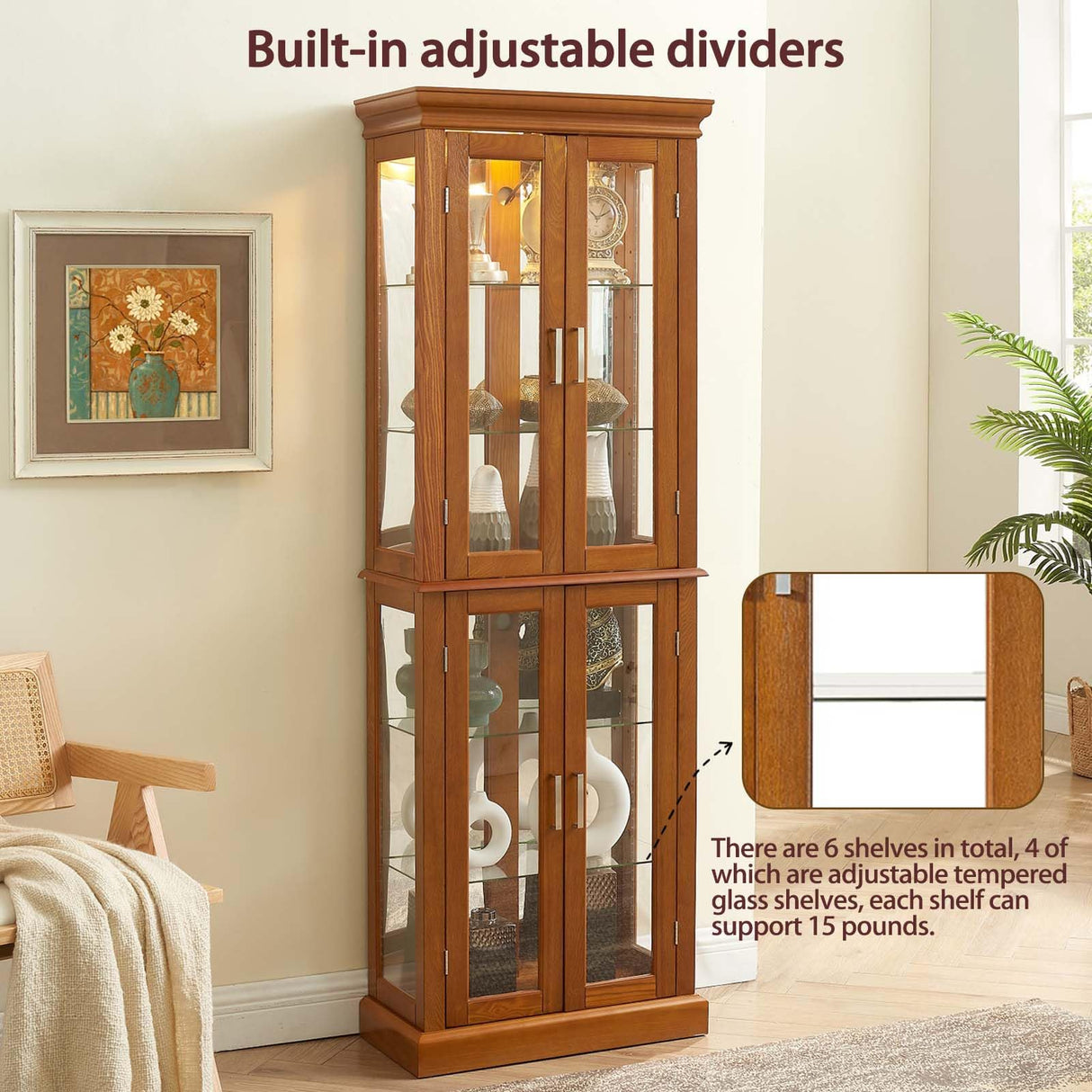 Firscook Curio Cabinet Wooden Display Cabinet,Curio Cabinet with Adjustable Glass Shelves Vintage, Lighted Curio Diapaly Cabinet,Vintage Accent Storage Cabinet with 6 Shelves,70" Curio Cabinet(Oak) Firscook