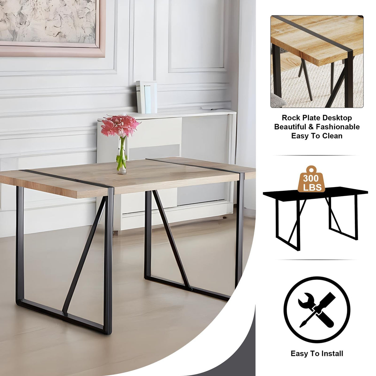 WIIS' IDEA Modern Dining Table Set for 4,Rectangular Solid Wood Dining Table for 4 People,Metal Base and Legs,Suitable for Living Room,Dining Room,Kitchen,55" Dining Table+4Gray Chair WIIS' IDEA