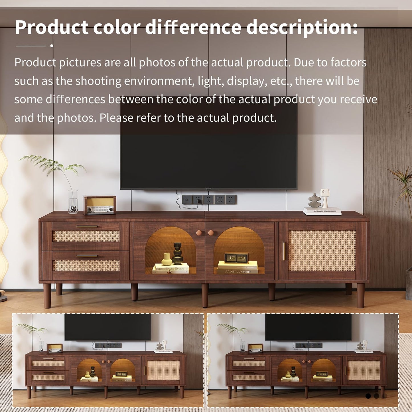 Rattan LED TV Stand for 75 Inch TV, Mid Century Modern Media Console Entertainment Center with 2 Arch Glass Doors, 2 Drawers, 3 Cabinets & Wood Legs, Living Room TV Stand, TV Console Wood TV  - WoodArtSupply