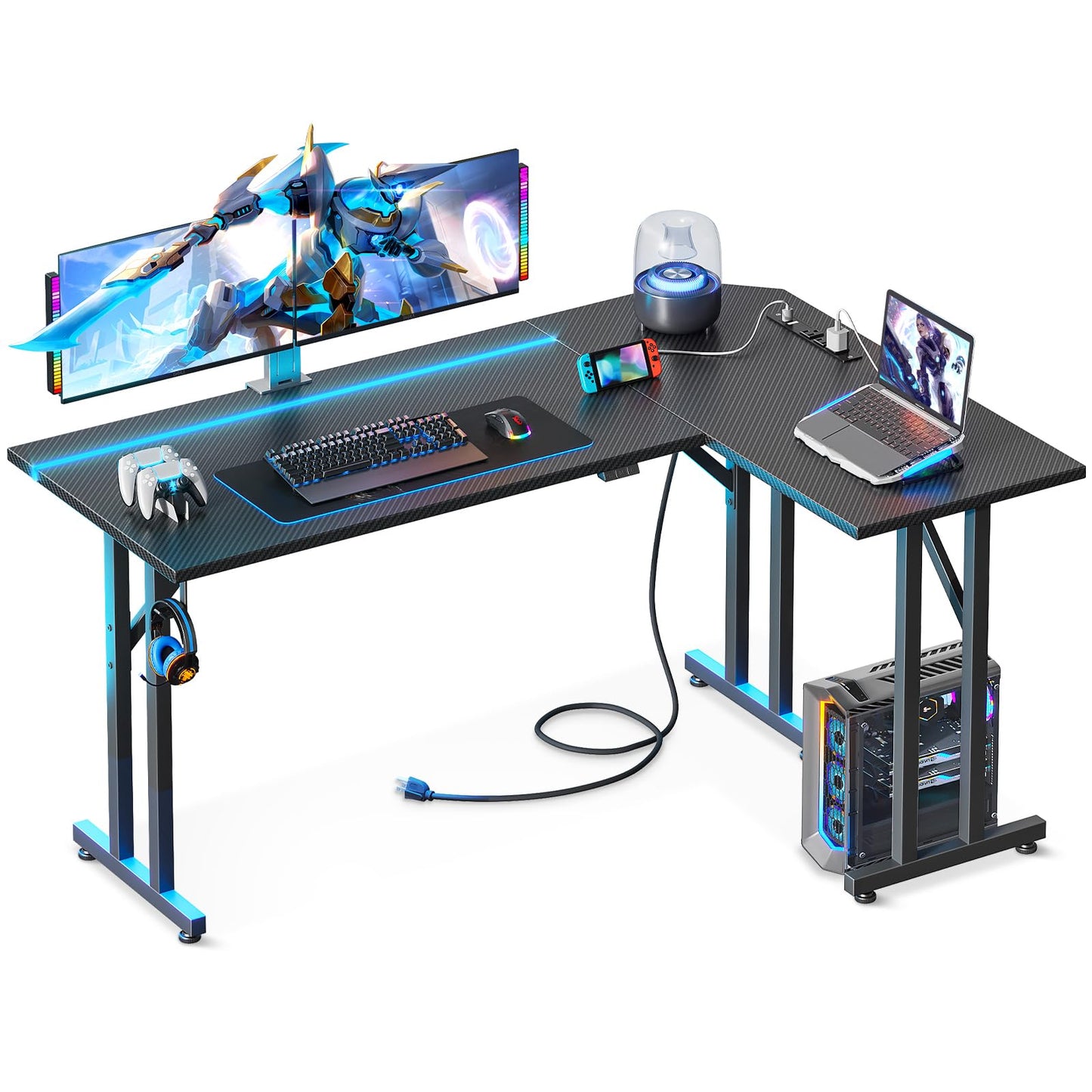 MOTPK L Shaped Gaming Desk with Led Lights, 51 Inch Gaming Computer Desk with Carbon Fiber Texture, Pc Gaming Table with Power Outlet and Headphone Hook, L Desk for Gaming, Black - WoodArtSupply