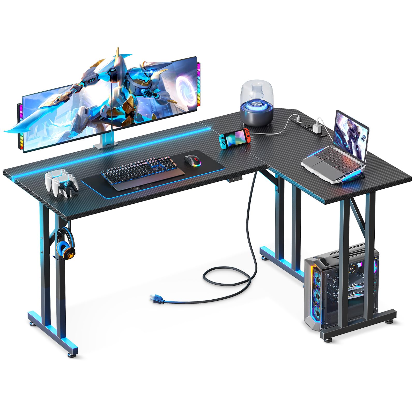 MOTPK L Shaped Gaming Desk with Led Lights, 51 Inch Gaming Computer Desk with Carbon Fiber Texture, Pc Gaming Table with Power Outlet and Headphone Hook, L Desk for Gaming, Black - WoodArtSupply