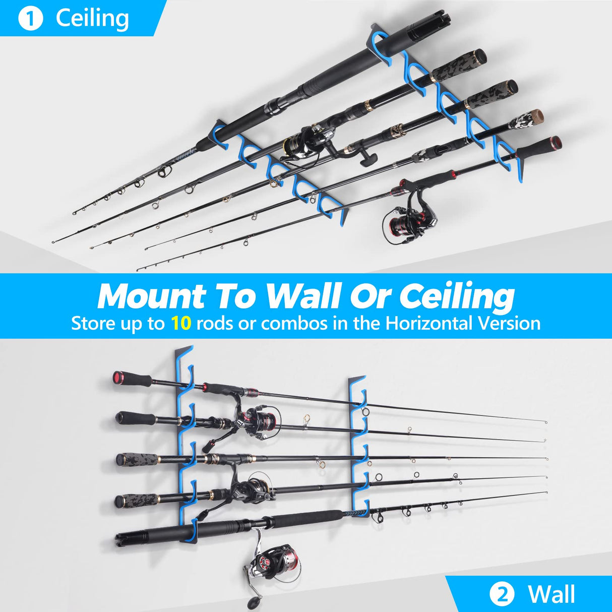 PLUSINNO H5 Horizontal Fishing Rod/Pole Holders for Garage, Wall or Ceiling Mounted Fishing Rod Rack, Aviation Aluminum Fishing Pole Holder Holds up to 10 Rod or Combos or Nets Storage Racks PLUSINNO