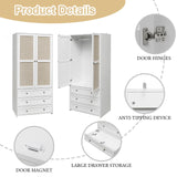 YHAOWORKS Armoire Wardrobe Closet with Drawers - Rattan Clothing Storage Cabinets with 2 Woven Doors, 71" Wood Wardrobe Cabinet with Hanging Rod for Bedroom (White) YHAOWORKS
