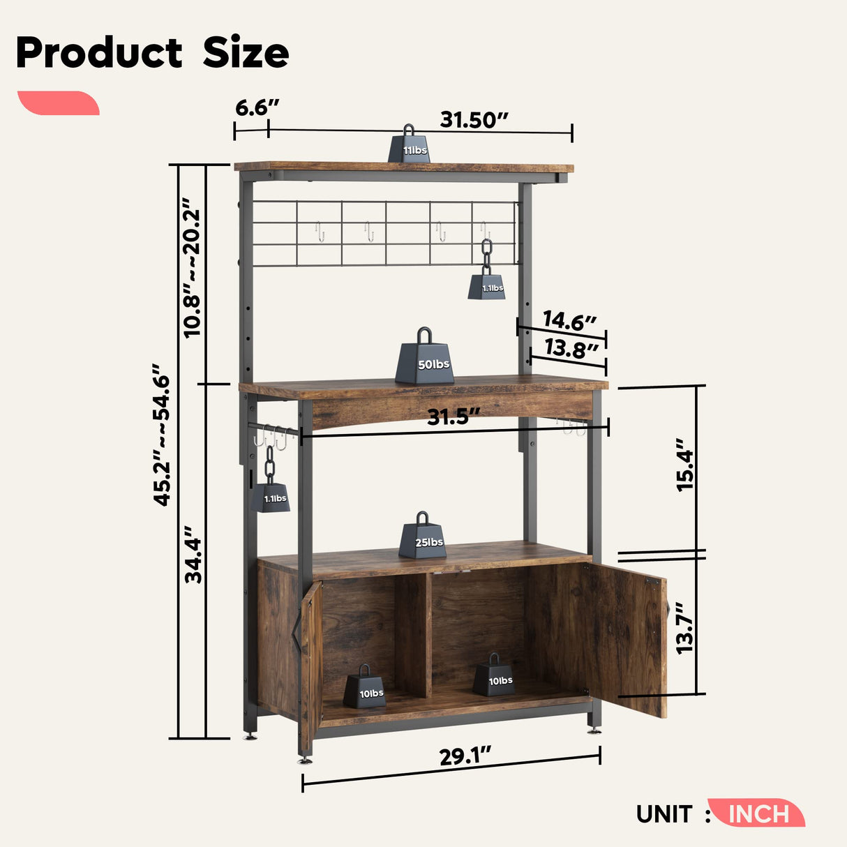 Bestier Bakers Racks with Storage Cabinet, Height-Adjustable 45" to 55" Microwave Stand for Kitchen with Wheels & Feet, Industrial Rolling Coffee Bar Shelf with 10 S-Hooks Rustic Brown Bestier