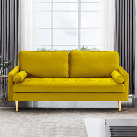 RXRRXY 67" Modern Velvet Loveseat Sofa Couch, Mid-Century Tufted Upholstered Small Love Seat Couch with 2 Pillows & 4 Golden Legs, 2-Seats Couches for Compact Space, Living Room, Apartment (Yellow) RXRRXY