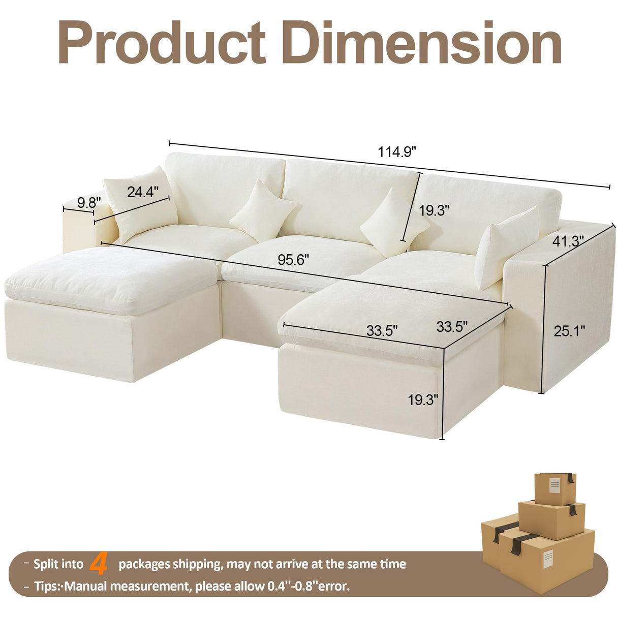 115'' Cloud Boneless Sectional Couch, Modular Sectional Sofa Deep Seat with 2 Ottomans, Oversized Upholstered Convertible Comfy 5 Seater Chenille Sofa U Shape Couches for Living Room, Beige WUTUTUEE