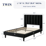 Allewie Twin Bed Frame/Velvet Upholstered Bed Frame with Vertical Channel Tufted Headboard/Strong Wooden Slats/Platform Bed Frame/Mattress Foundation/Box Spring Optional/Easy Assembly/Black Allewie