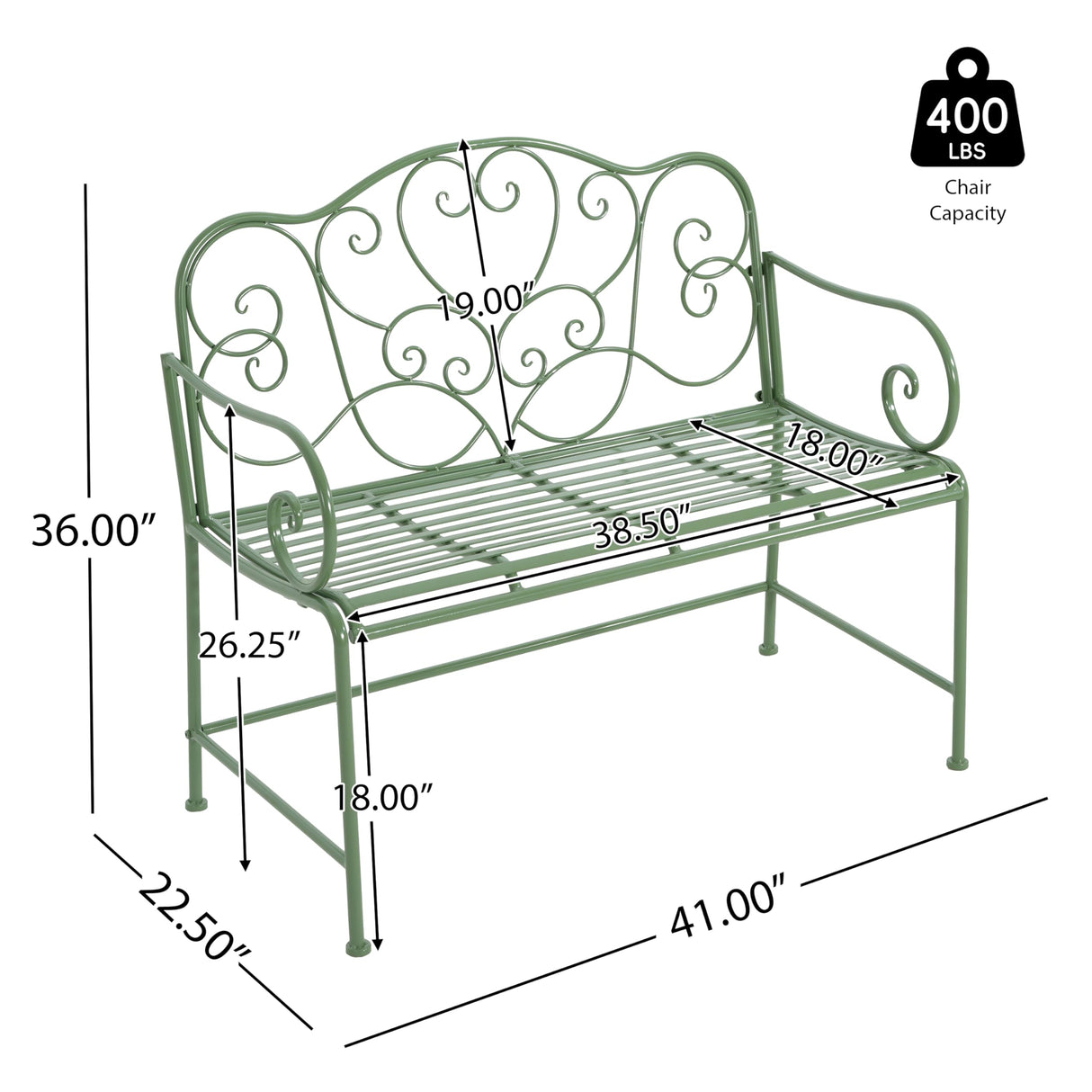 Christopher Knight Home Layon Iron Outdoor Bench, Patio Loveseat for 2 People, Durable Garden Bench with Floral Pattern Backrest, Slatted Seat for Park/Yard, Spacious Outdoor Seating, Matte Green Christopher Knight Home