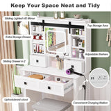 MECHYIN Farmhouse Makeup Vanity Desk with Sliding Mirror, Vanity Set with Stool & Charging Station & 3 Brightness Lights, Ample Storage, Dressing Table for Women Girls Bedroom, White MECHYIN