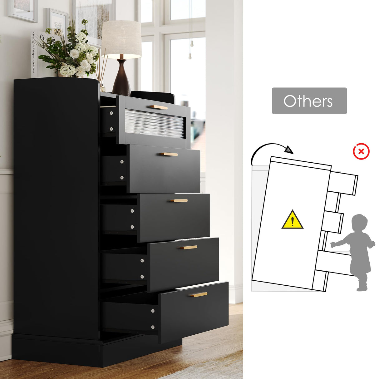 HOSTACK Modern 5 Drawer Dresser, Tall White Dresser Chest of Drawers with Gold Handles, Wood Dresser Storage Cabinet with Anti-Drop Fence & Fluted Glass for Living Room, Hallway, Entryway, Black HOSTACK