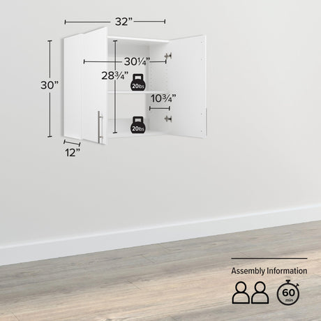 Prepac Elite 32" Wall Cabinet, White Storage Cabinet, Bathroom Cabinet, Pantry Cabinet with 1 Adjustable Shelf 12" D x 32" W x 30" H, WEW-3230 Prepac