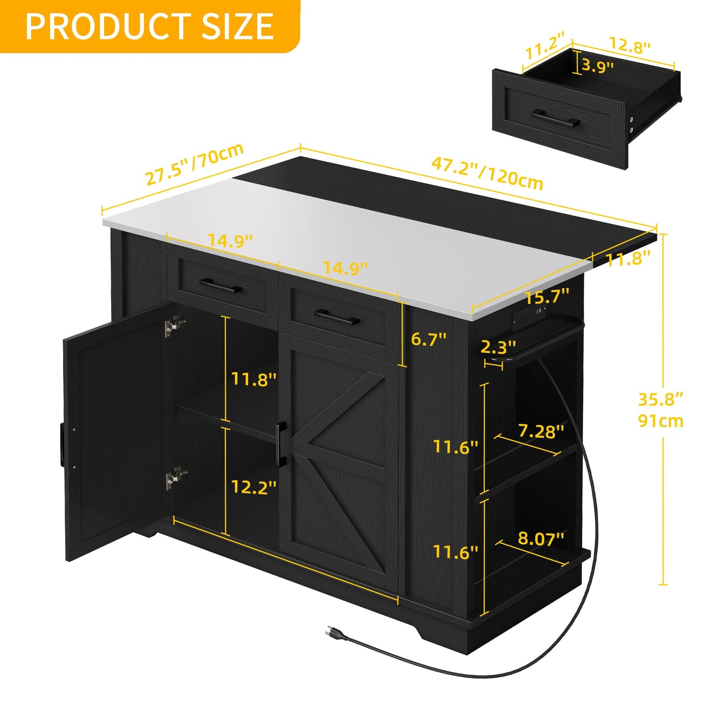 DWVO Kitchen Island w Stainless Steel Top Drop Leaf Bar Seating Power Outlet, 47" Portable Rolling Mobile Center Islands w Folding Dropleaf Storage Drawer Cabinet Wheel Counter Height Metal Top, Black