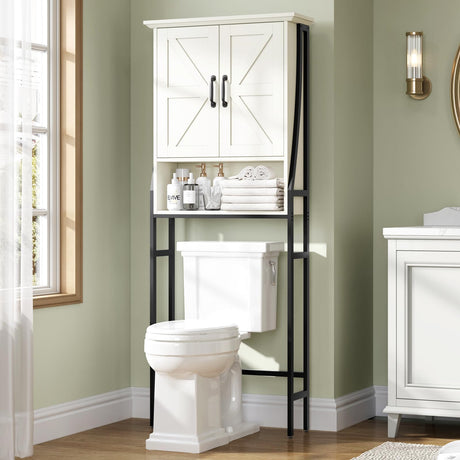 MXARLTR Over The Toilet Storage Cabinet, Over Toilet Bathroom Organizer, Above Toilet Storage Cabinet with Barn Doors Behind Toilet Bathroom Organizer Over-The-Toilet Cabinet (Cream White) MXARLTR