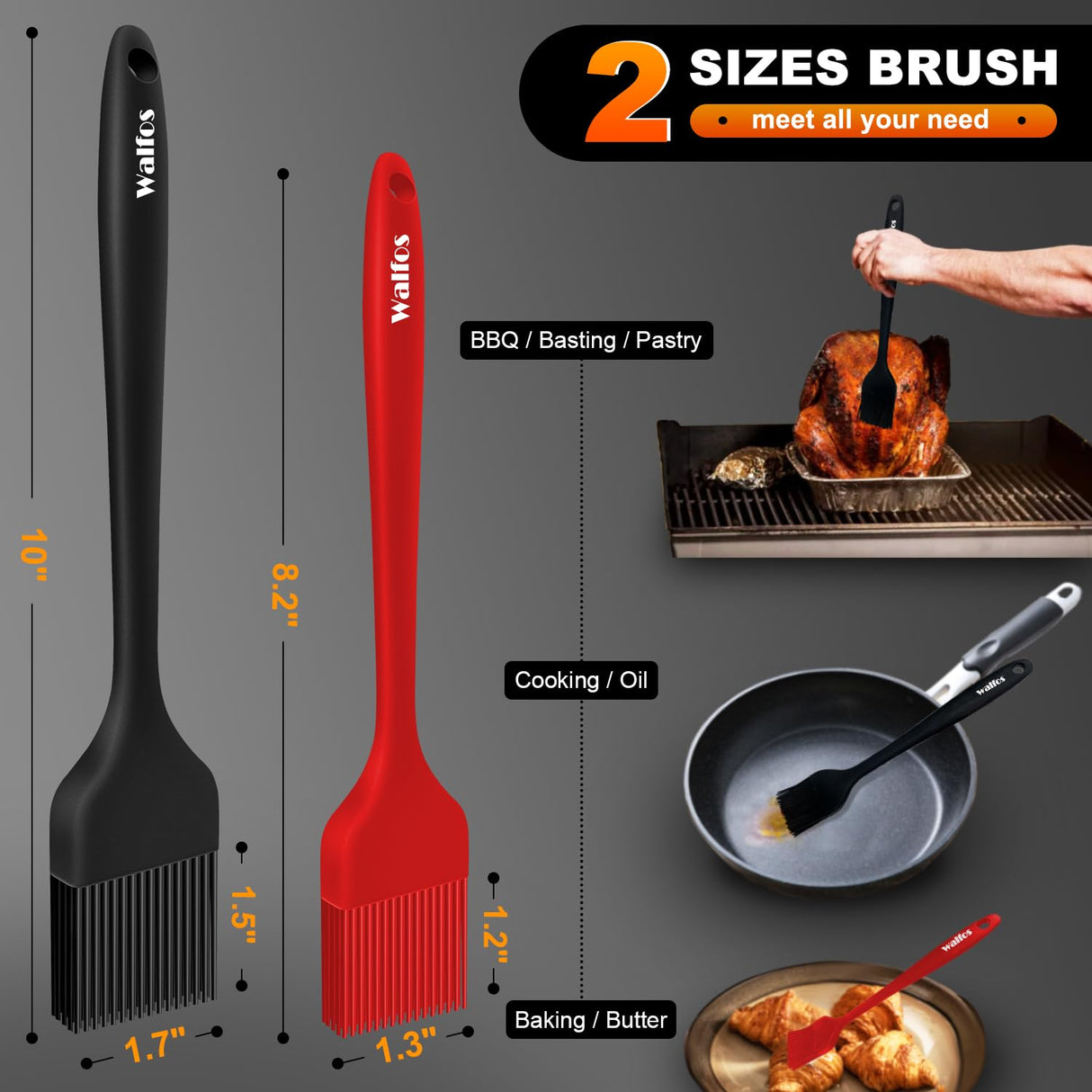 Walfos Silicone Basting Brush Set, 5 Pieces Heat Resistant Pastry Brush, Perfect for Baking,BBQ Grill,Kitchen Cooking,Strong Steel Core and One-Pieces Design,BPA Free and Dishwasher Safe Walfos