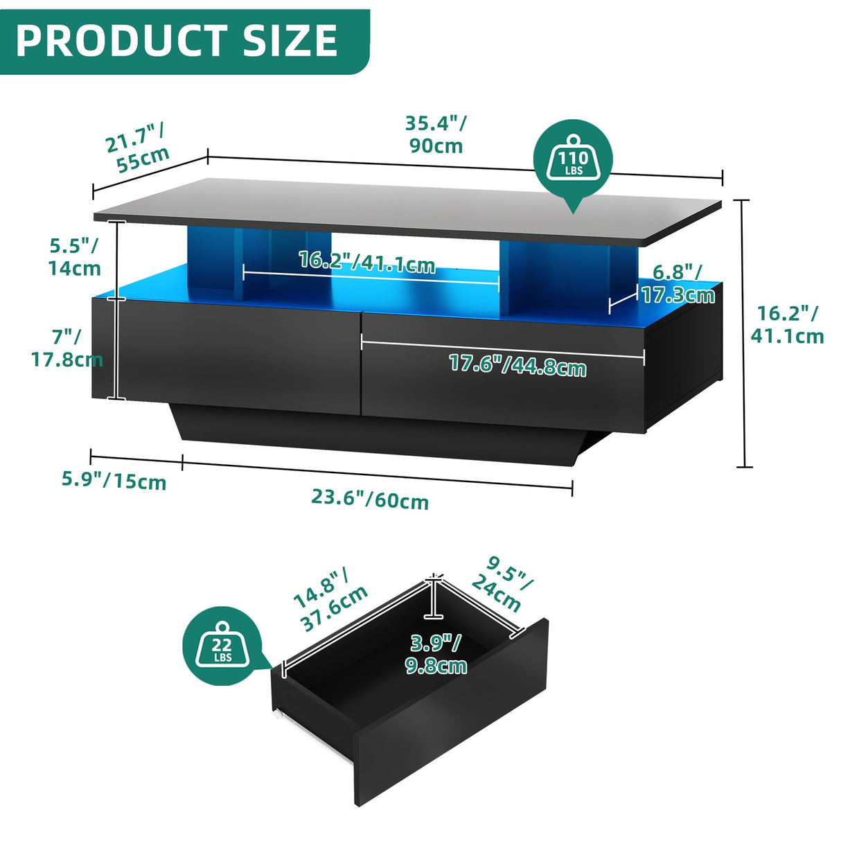 YITAHOME LED Coffee Table with Storage, High Glossy LED Coffee Tables for Living Room, Modern Black Rectangle Coffe Table, Small Center Table with Open Display Shelf & Sliding Drawers, Black YITAHOME
