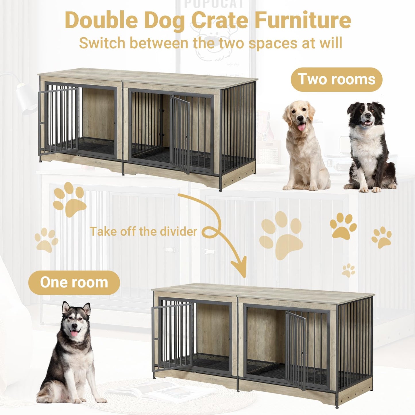 Rovibek 75'' Double Dog Crate Furniture for 2 Large Dogs, Heavy Duty Dog Crate, Furniture Style Dog Crate End Table, Wood Crates for Dogs Kennel Indoor, Decorative Dog Crate with Double Door, Grey