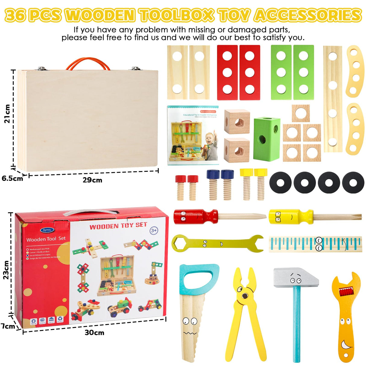 TONZE Kids Tool Set Wooden Toddler Tools Montessori Toys for 3 4 Year Olds, 34 PCS Educational STEM Construction Toys Pretend Play Toddler Tool Set Birthday Gift for Age 3-4 Boys & Girls TONZE