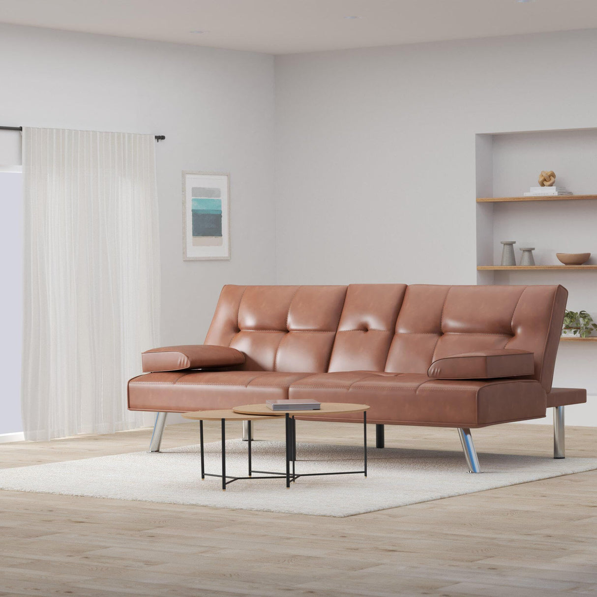 Best Choice Products Faux Leather Upholstered Modern Convertible Futon, Adjustable Folding Sofa Bed, Guest Bed w/Removable Armrests - Tan Best Choice Products