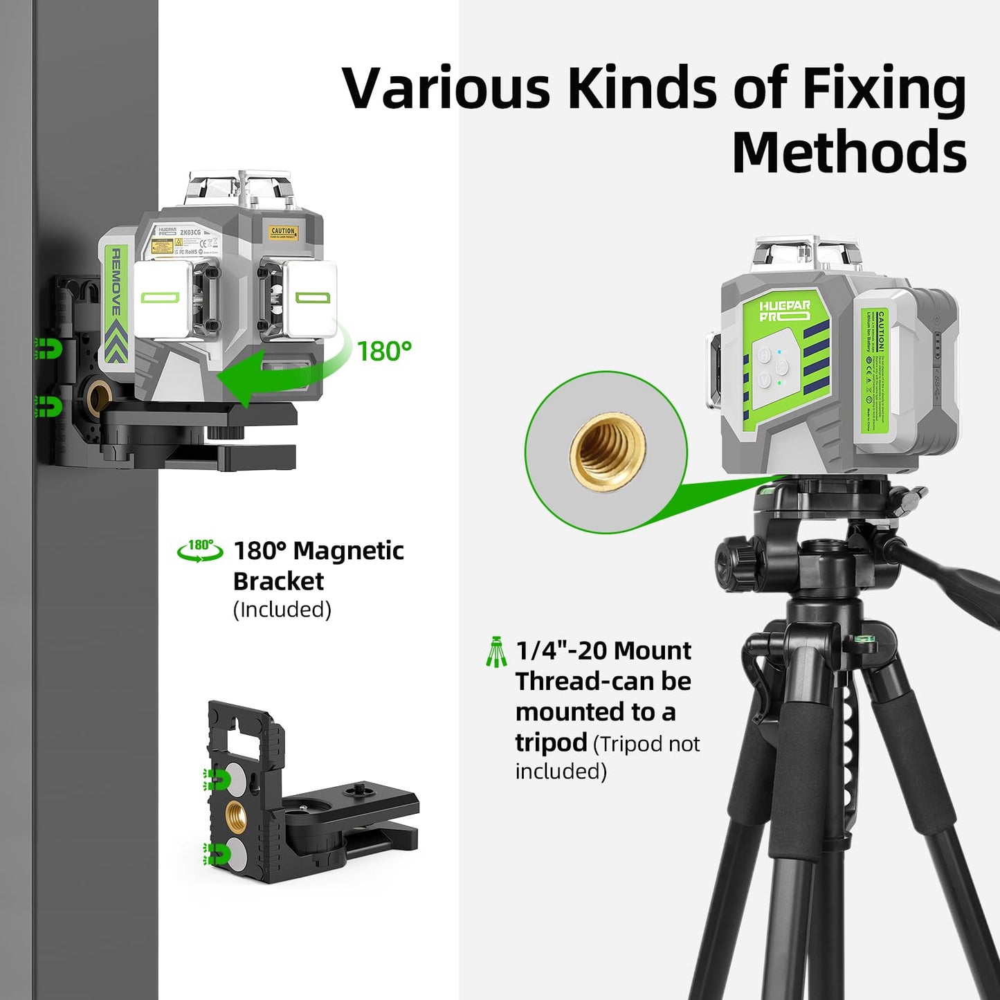 HueparPro Laser Level Self Leveling 3x360° 3D Green Cross Line Laser Level Tool for Construction and Picture Hanging, 8000mAh Rechargeable Battery, Remote Controller, Magnetic Stand & Hard Ca - WoodArtSupply