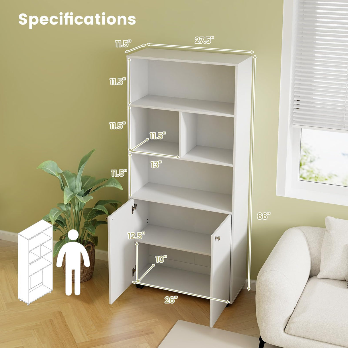 LOKO 66” Tall Freestanding Bookcase, 5-Tier Storage Organizer with Adjustable Shelf, Modern Storage Cabinet for Living Room, Bedroom, Study, White LOKO