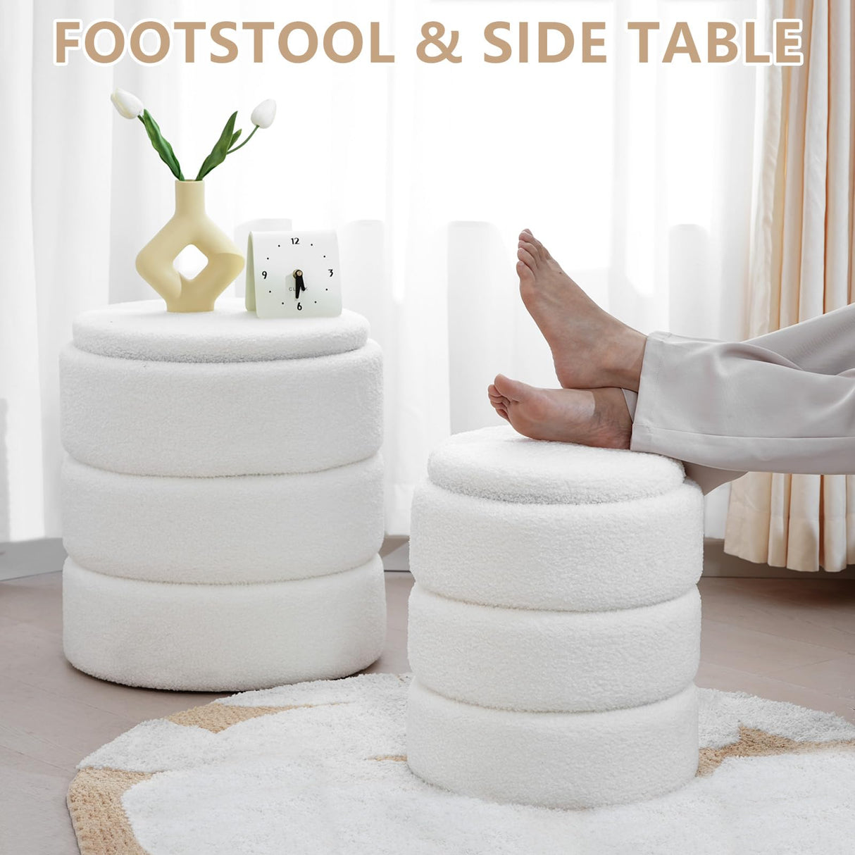 oakvivo Round Ottoman with Storage Set of 2, Soft Teddy Velvet Upholstered Foot Stool Vanity Chairs, Support 330lbs Padded Seat Multifunctional Ottomans Footrest, Foot Rest for Living Room, White oakvivo