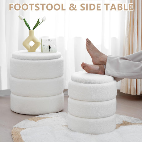 oakvivo Round Ottoman with Storage Set of 2, Soft Teddy Velvet Upholstered Foot Stool Vanity Chairs, Support 330lbs Padded Seat Multifunctional Ottomans Footrest, Foot Rest for Living Room, White oakvivo