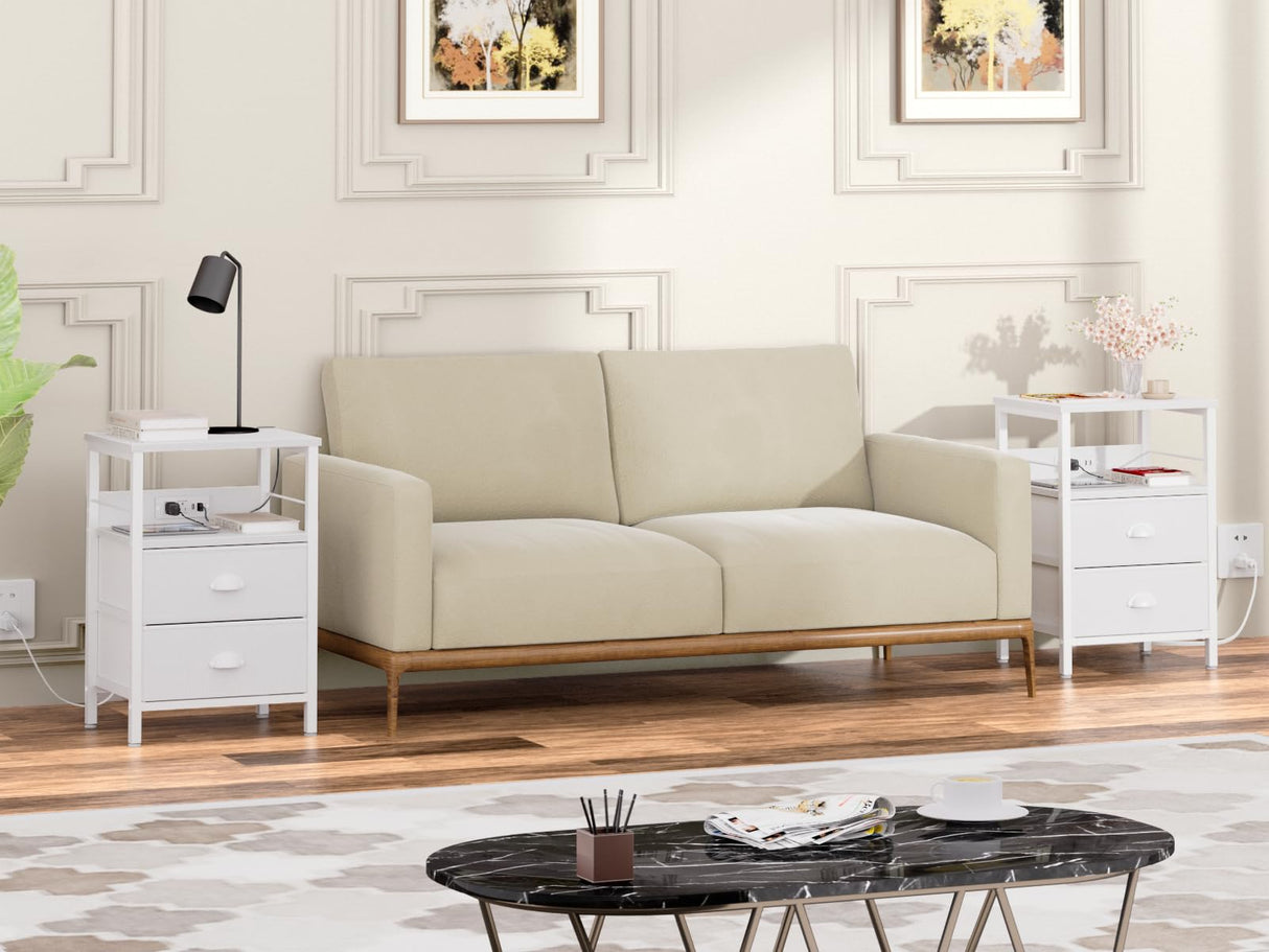 Furologee End Table with Charging Station, Nightstand with Fabric Drawers, Side Tables with USB Ports & Outlets, Night Stand with Storage Shelf & Hooks, for Living Room/Bedroom, White Furologee