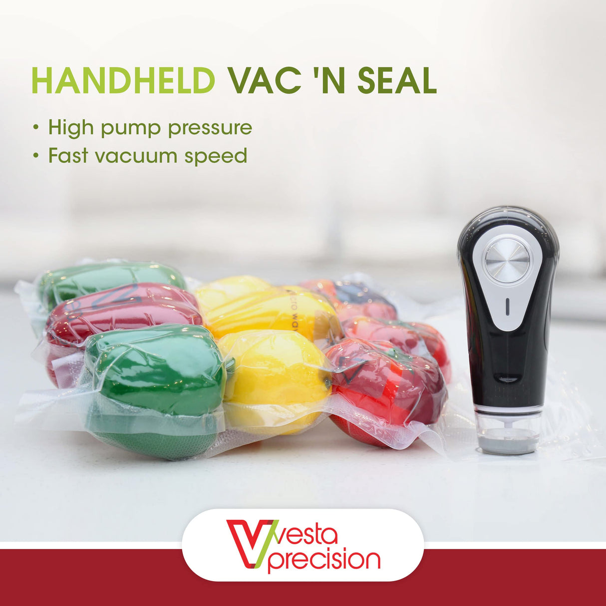 Vacuum Sealer by Vesta Precision - Handheld Vac 'n Seal | Extends Food Freshness | Fast and Powerful Vacuum | Compact Design | Long Battery Life | Works with valved Vacuum Bags, Bottles, and Canisters V Vesta Precision