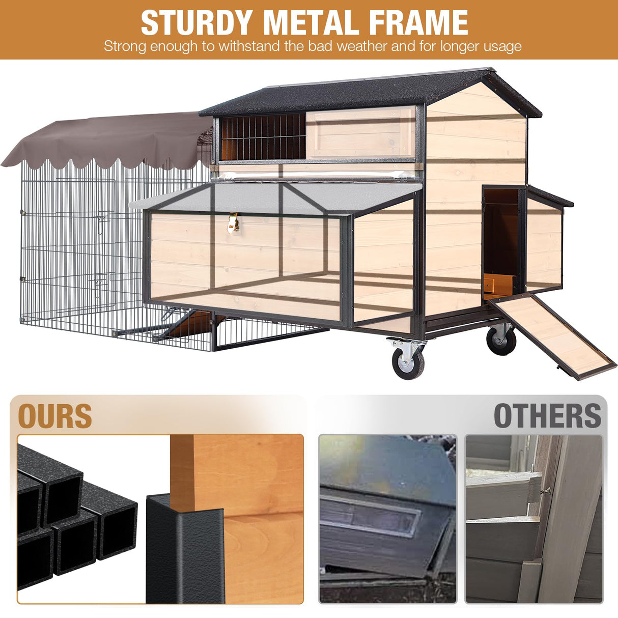 Chicken Coop Large Wooden Chicken Tractor for 6–8 Chickens, Outdoor Hen House with Metal Run Poultry Cage-Upgraded All Metal Frame Suumerpety