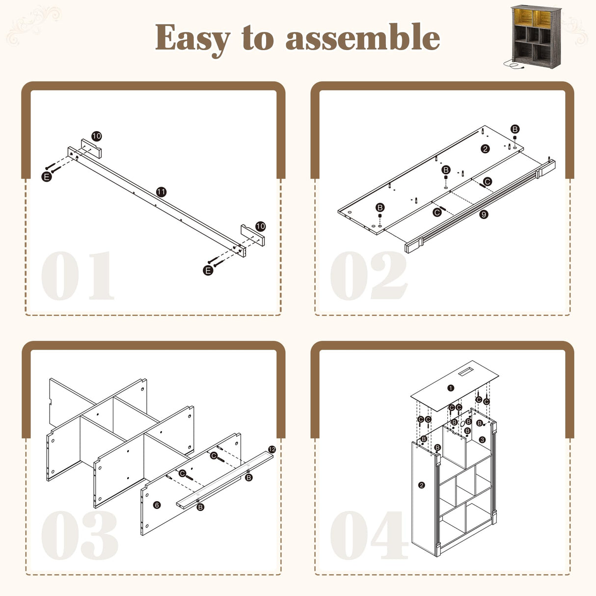 EnHomee 7 Cube Bookshelf Cubby Storage Organizer with LED Lights and Charging Station, Wood Shelf Display Cabinet for Bedroom, Living Room, Office Black Oak EnHomee