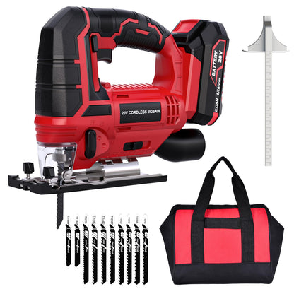 Jig Saw - 20V Cordless Jigsaw with Battery and Charger 2700 SPM Rechargeable Jigsaw with 10pcs Cutting Blades Bevel Angle (±45°) Variable Speed and 4 Orbital Function for Straight/Curve/Circl - WoodArtSupply