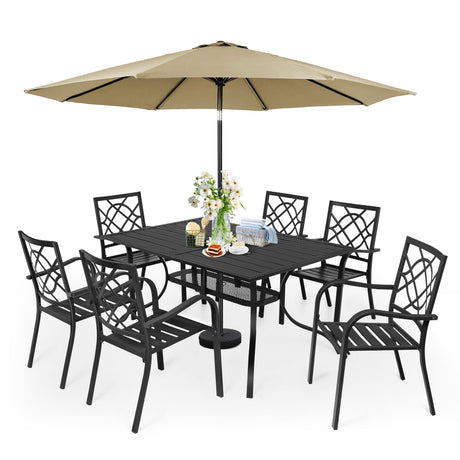 SUNCROWN 7-Piece Outdoor Wrought Iron Chairs and Table Patio Dining Furniture Set - 6 Stackable Metal Chairs, 1 Steel Slat Bistro Table and 1 Brown 9Ft Patio Umbrella for Garden Backyard Deck SUNCROWN