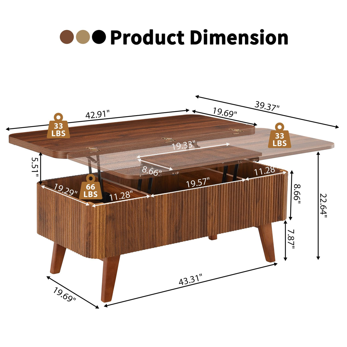 3 in 1 Lift Top Coffee Table, Fluted Convertible Coffee Tables Converts to Dining Tables, Modern Oval Wooden Center Table with Storage for Living Room Office Small Space, Partial Assembly (Walnut) ORRD