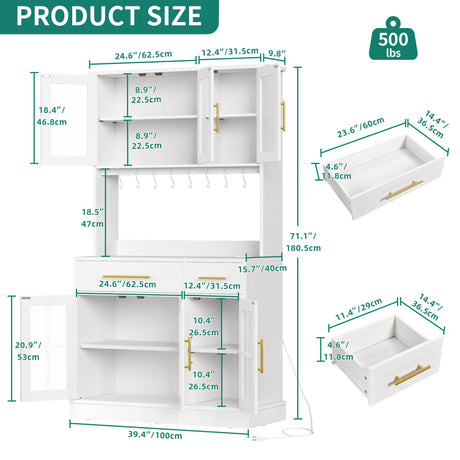 YITAHOME 71'' Kitchen Pantry Storage Cabinet with Microwave Stand, Tall Freestanding Hutch Cabinet with Power Outlet, Pantry Cabinet with Buffet Cupboard, Drawers and Acrylic Doors for Home, White YITAHOME