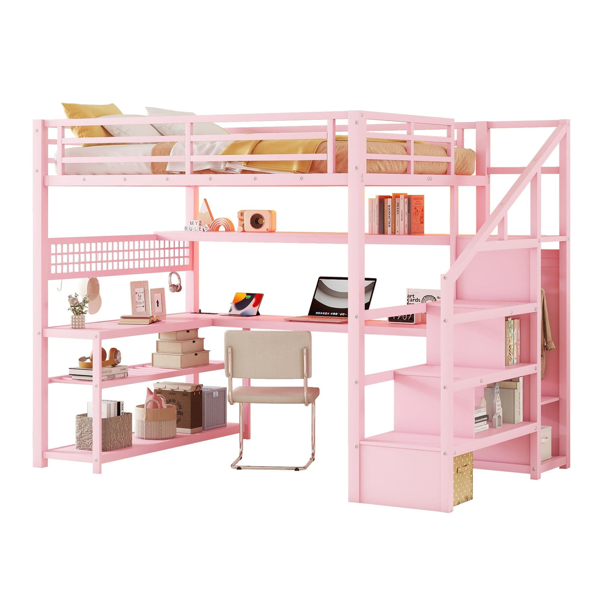Full Size Loft Bed with LED Light and Stairs, Metal Loft Bed Frame with Desk, Storage Drawers & Shelves, Hanging Rod, Gaming Lofts Beds with Charging Station for Adults Teens Kids Gamer, Pink Mirightone