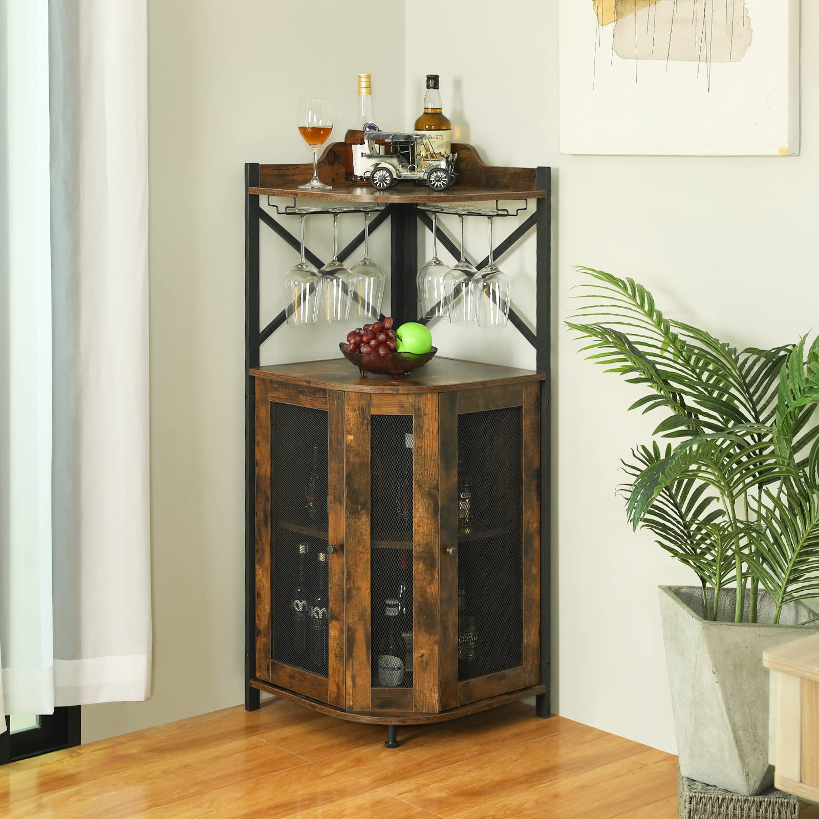 JKsmart Corner Bar Cabinet with Glass Holder, Industrial Wine Cabinet with Mesh Door, Liquor Bar Cabinet with Adjustable Shelf, Home Bar for Liquor and Wine Storage, Rustic Brown - WoodArtSupply