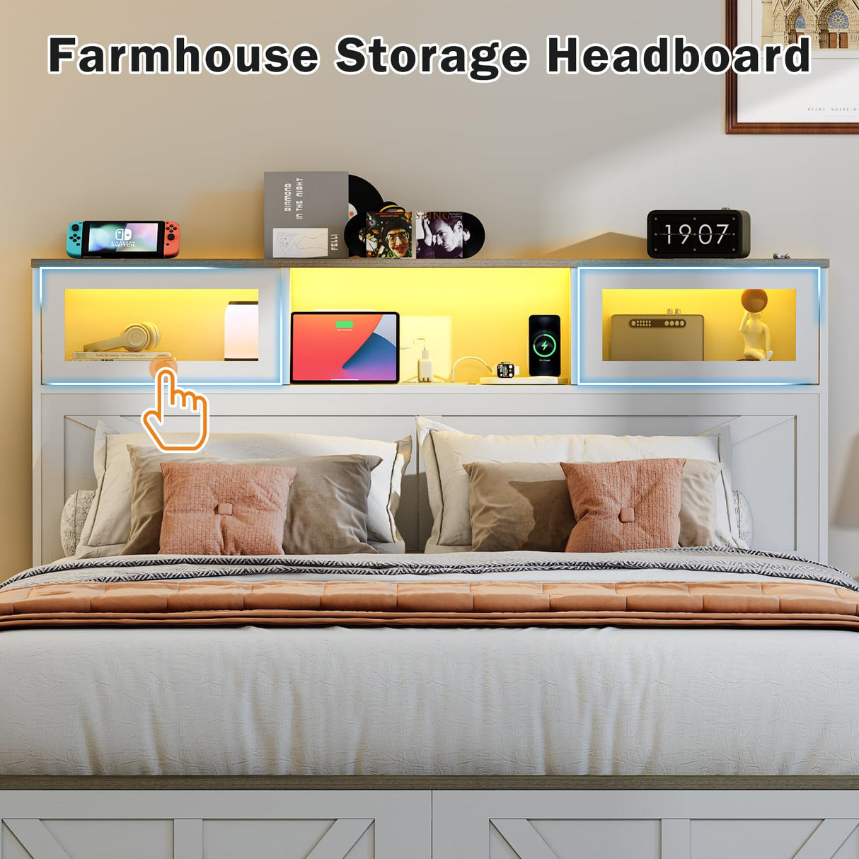 Yoobure Full Size Bed Frame with Headboard, Full Bed Frame with Charging Station, LED Beds with 2 Storage Drawers, Wood Farmhouse Bedframe, Noise-Free and No Box Spring Needed, White Yoobure