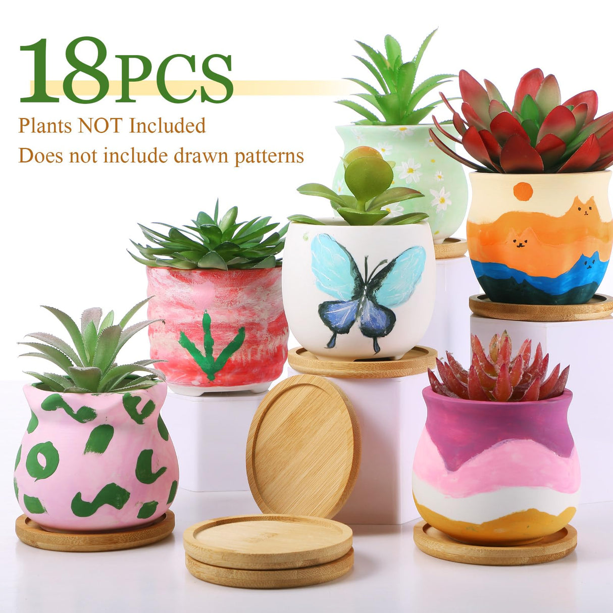 Remerry 6 Pcs 3.5 Inch DIY Ceramic Succulent Pots for Painting Figurines Paint Craft Kit Unpainted Ceramic Bisque Paintable Flowerpots with Drainage Hole Ready to Paint Remerry