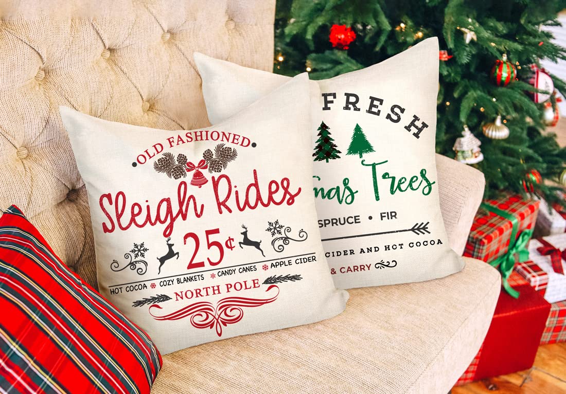 Farmhouse Christmas Pillow Covers 18x18 Set of 4 Winter Holiday Decorations Xmas Rustic Throw Cushion Case for Sofa Couch Home Decor (Sleigh Rides, Farm Fresh Tree, Cocoa, Candy Canes) 4TH Emotion