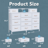 Furnulem White Dresser for Bedroom with LED Lights & Charging Station,47" Long Chests with 12 Fabric Storage Drawers,Wide Vanity Dressers Furniture for Closet,Entryway,2 Shelves Wood Top,Metal Frame Furnulem