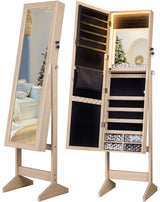 LUXFURNI LED Light Jewelry Cabinet Armoire, Standing Mirror Makeup Lockable Large Storage Organizer w/Drawers (Natural) LUXFURNI